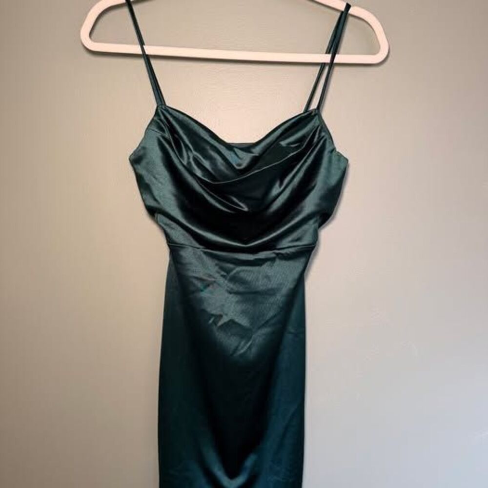Windsor Hunter Green Satin Cowl Neck Mini Dress - Size L